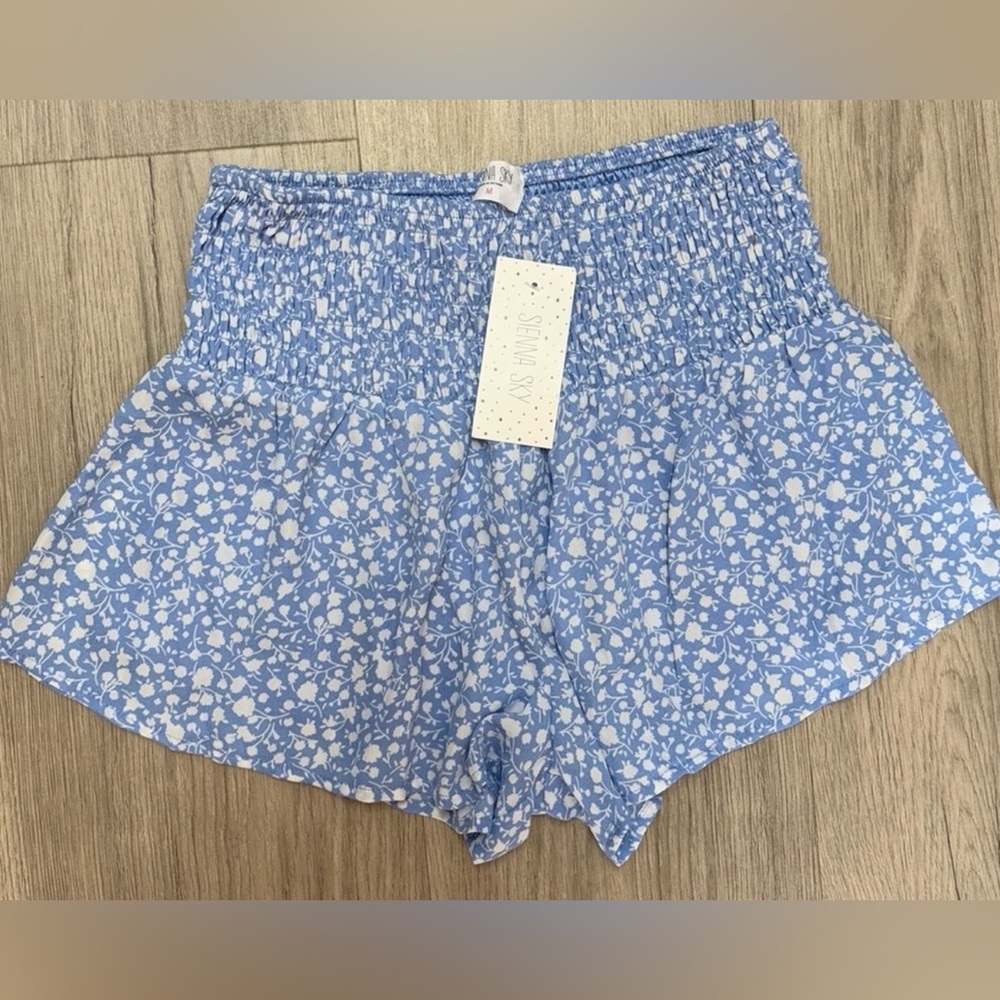 Sienna Sky Light Blue and White Floral Smocked Shorts